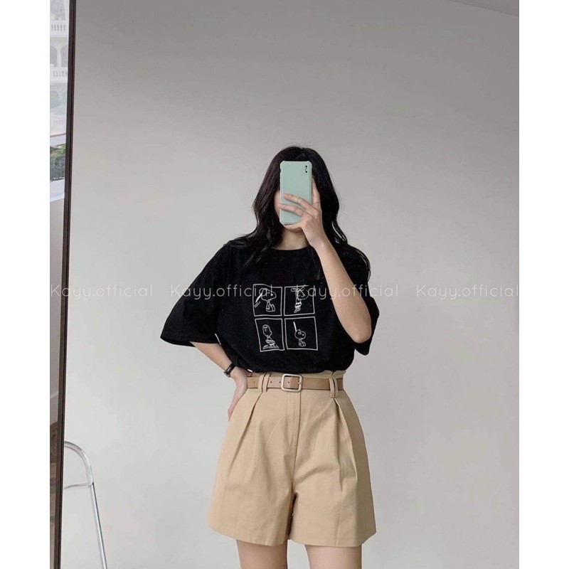 Set đồ nữ Ulzzang Áo phông cotton form rộng tay lỡ Quần short kaki cạp chun co giãn SNOPY