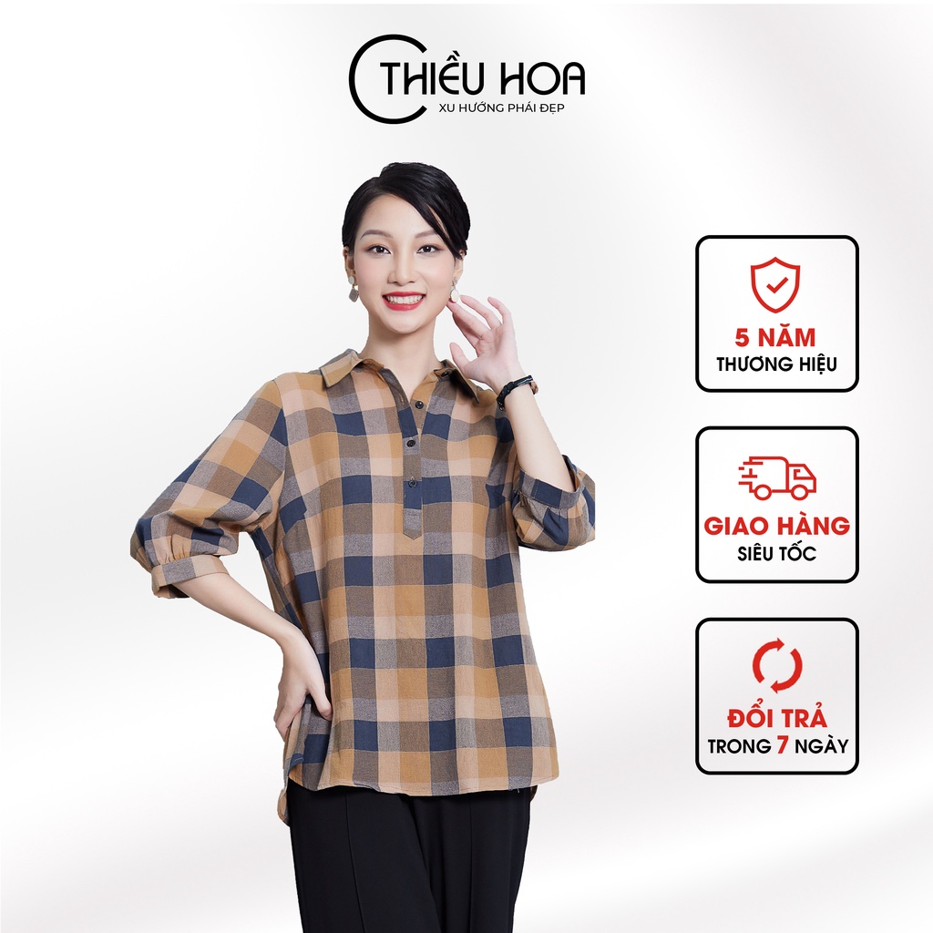 Áo Sơ Mi Kẻ Caro Trung Niên Thiều Hoa Kiểu Dáng Trẻ Trung, Chất Kate Mềm Mịn AD1N0334
