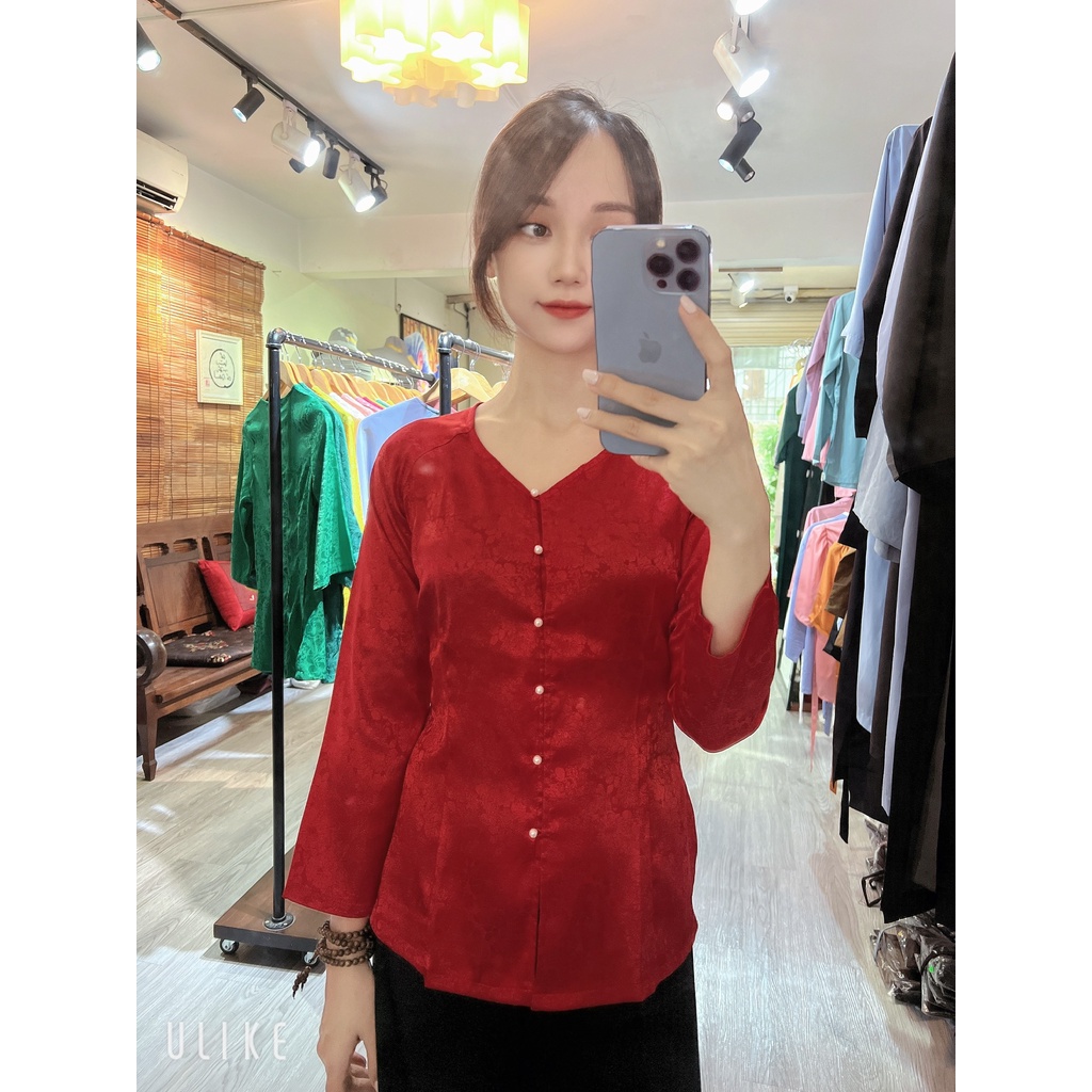 ÁO BÀ BA ĐỎ lụa gấm Hàn Châu # Đồ Phật tử lụa cao cấp # bà ba vân gấm hoa sen cúc ngọc xinh xắn AB12 Đỏ