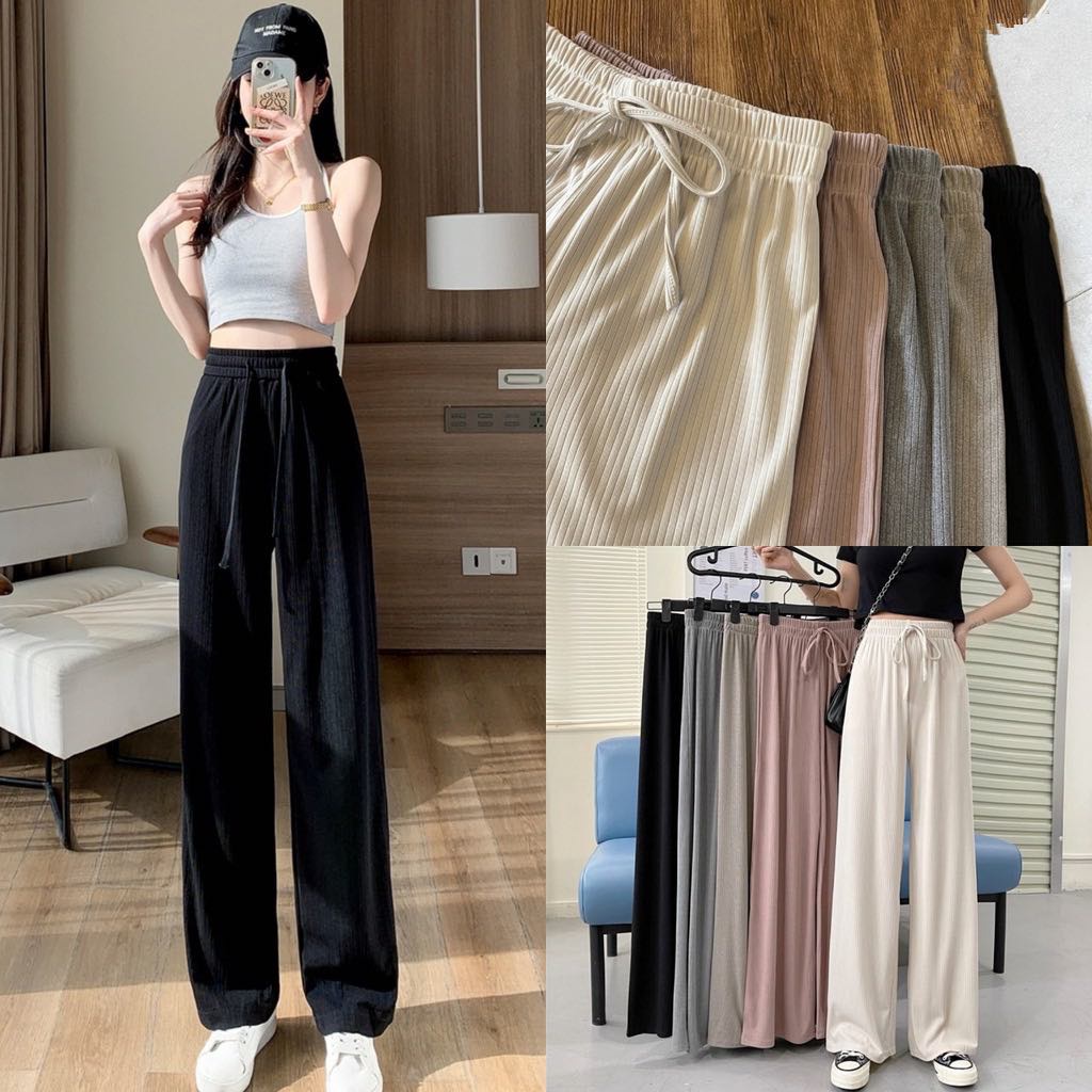 Quần thun tăm cạp chun dây rút dáng suông Quần ống rộng mềm mịn