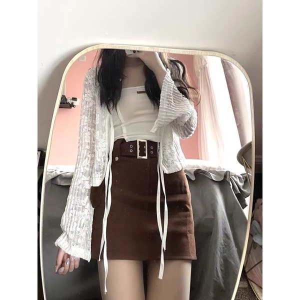 Khoác cardigan ren trắng mỏng thắt nơ - có sẵn