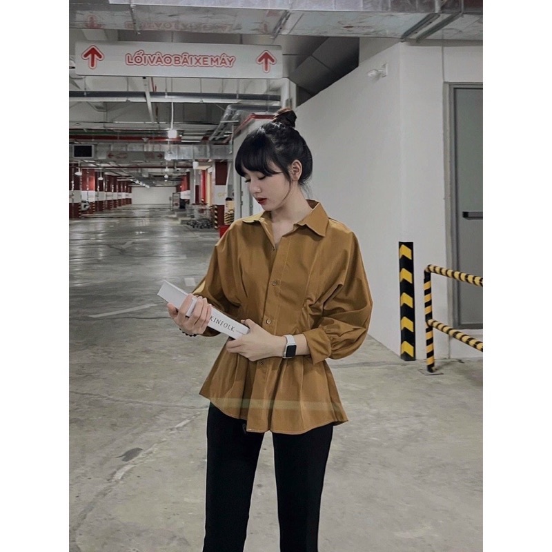 ÁO SƠ MI PEPLUM CHIẾT EO (áo sơ mi nữ tay ngắn dáng lỡ nhấn eo bo tay kiểu tiểu thư) 𝓣𝓻𝓪𝓷𝓜𝓪𝓲.𝓟𝓱𝓾𝓸𝓷𝓰