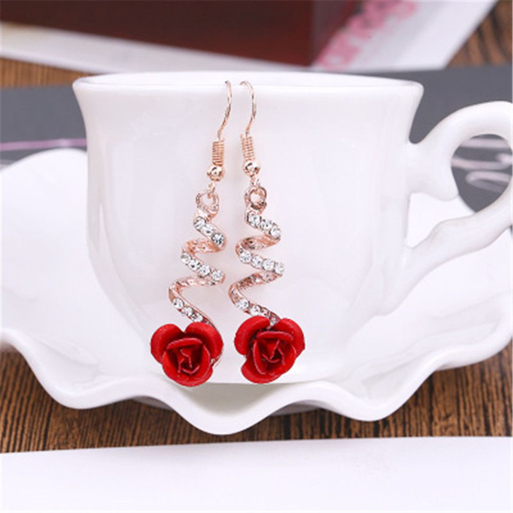 Bông tai dáng dài hình hoa hồng đính đá phong cách Hàn Quốc thời trang cho nữ