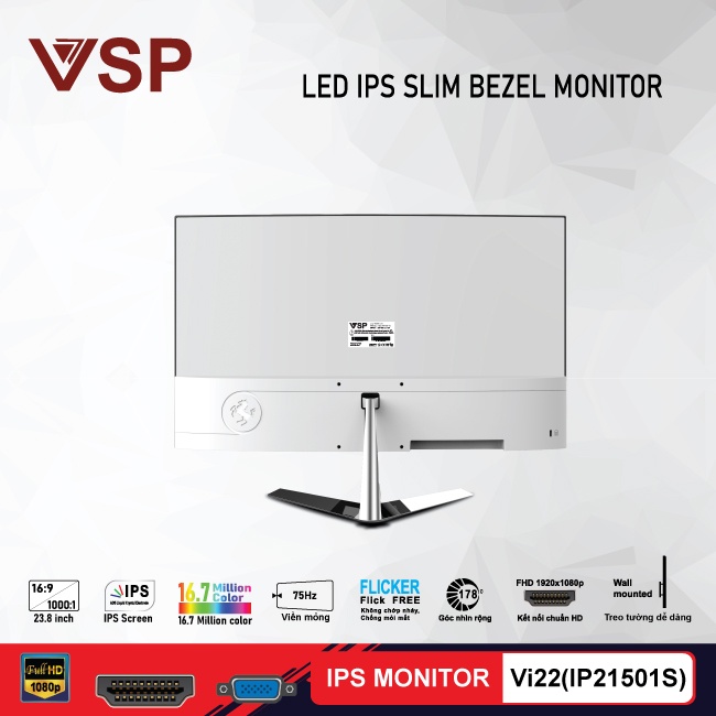 Màn hình máy tính 22inch VSP Vi22 (IP21501S) ĐEN tràn viền Slim Bezel (IPS FullHD 75Hz 5ms HDMI VGA) - Chính hãng