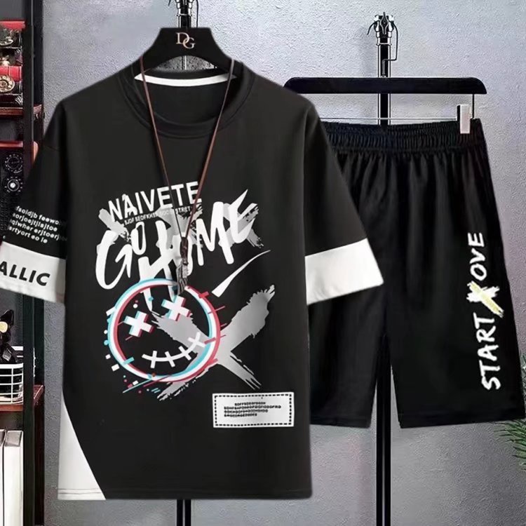 Bộ Đồ Thể Thao Áo Thun Cổ Thuyền + Quần Dài In Họa Tiết Phong Cách Hip Hop Đường Phố Hàn Quốc Thời Trang Mùa Hè Cho Nam Cỡ M-5XL