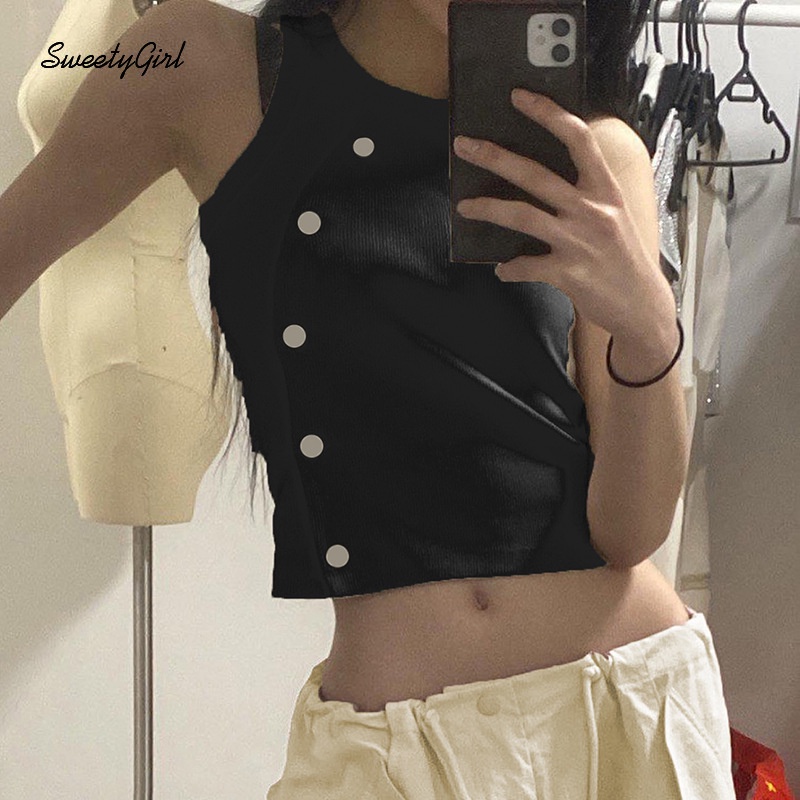 Áo Croptop Dệt Kim Sát Nách Dáng Ôm Cài Nút Thời Trang Cho Nữ