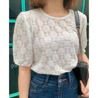 Áo thun nữ cổ xốp nhăn cổ tròn dáng ngắn