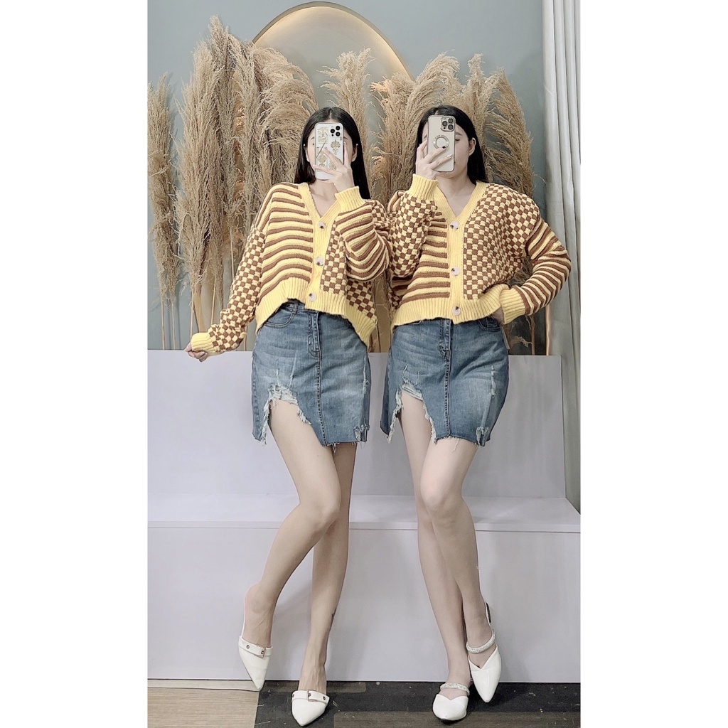 Áo khoác len vàng cadigan họa tiết  kẻ ngang pha kẻ ô style Hàn Quốc thời trang thu đông Trần Hân Shop  2005939