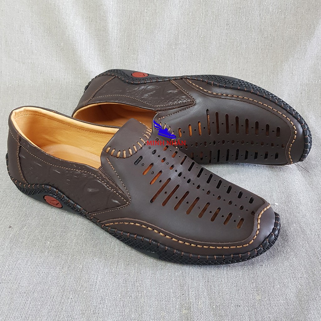 Giày rọ nam da bò cao cấp LÓT DA CỪU nguyên tấm đế khâu mùa hè đục lỗ thoáng khí Men’s Summer Shoes H-2 màu cafe