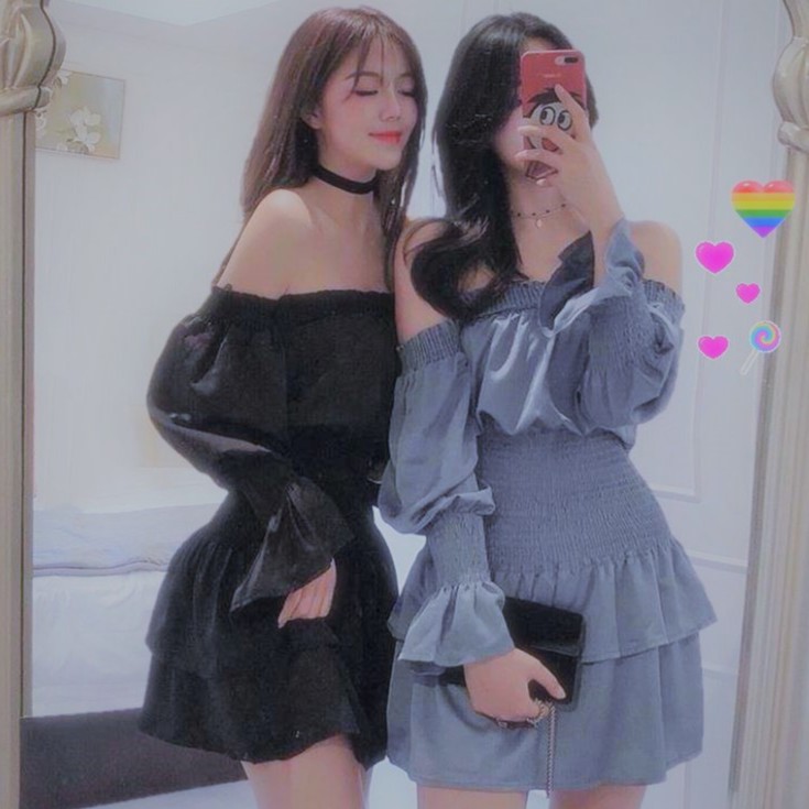 Đồ đôi bạn thân váy chễ vai sexy body bó eo tôn dáng tiểu thư ullzang phong cách Hàn