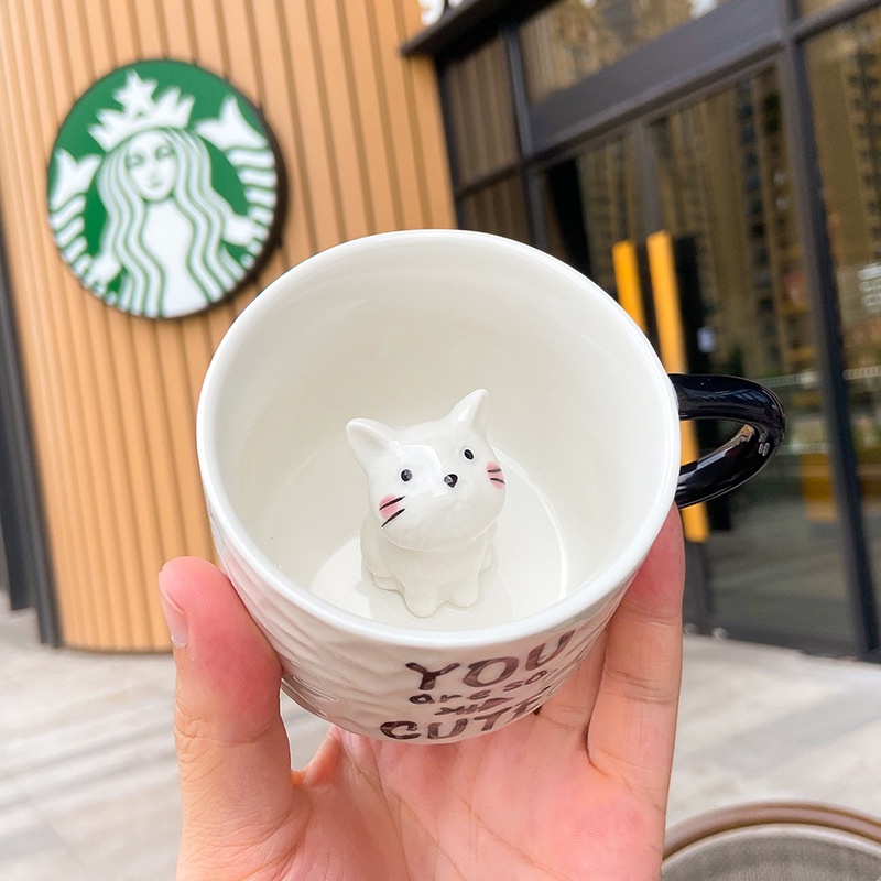 Cốc Sứ Uống Nước Dập Nổi Họa Tiết Mèo Hoạt Hình Dễ Thương Tiện Dụng Cho Gia Đình