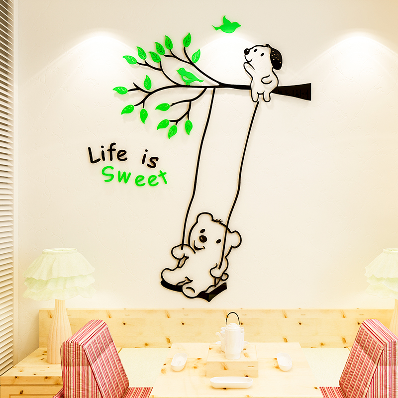 Tranh dán tường mica 3d decor khổ lớn chú gấu chơi xích đu Nhiều Size - EPeBen
