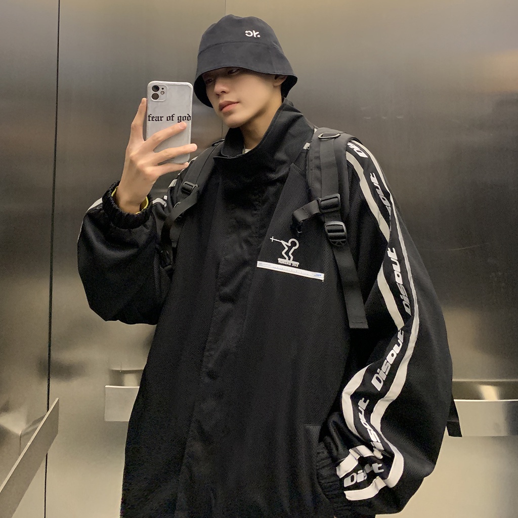 Áo khoác thể thao cổ đứng dáng rộng kẻ sọc phản quang cá tính thiết kế thời trang dành cho nam