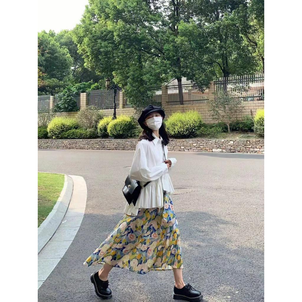 Áo Sơ Mi Dáng Rộng Dài Tay / Chân Váy Hoa Xếp Ly Thời Trang Sành Điệu 610