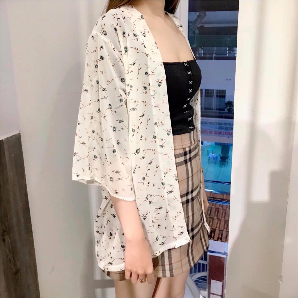 Áo khoác kimono voan hoa xanh đi biển | BigBuy360 - bigbuy360.vn