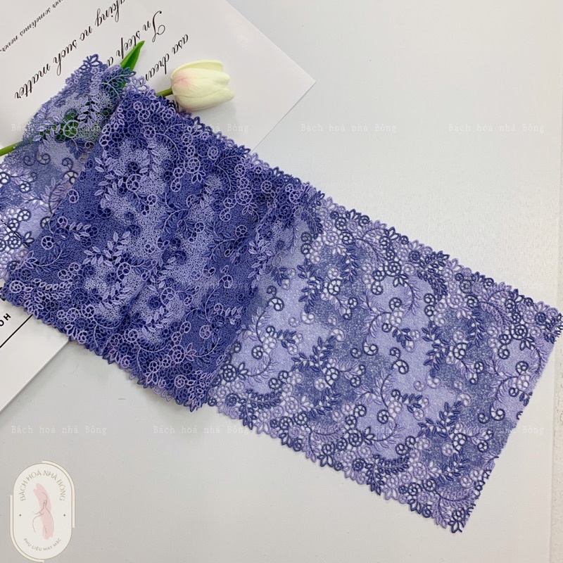 Vải ren thêu hoa xanh co dãn khổ 19cm may váy áo đồ lót diy