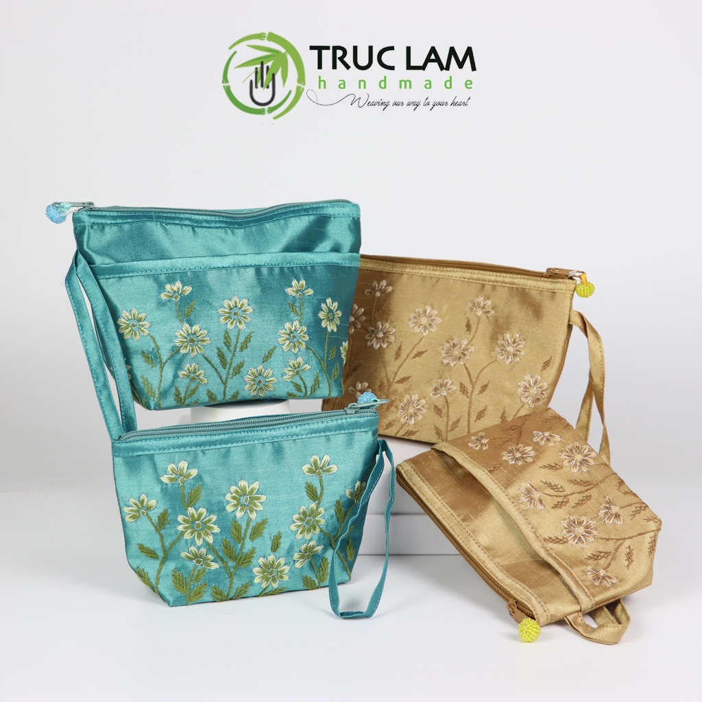 Ví Cầm Tay Nữ Vải Tafta Họa Tiết Hoa Cỏ Kim Tuyến Thêu Tay Set 2 Chiếc Thêu 2 Mặt - Trúc Lâm Handmade