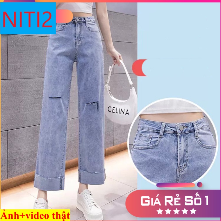 [ TREND THỜI THƯỢNG ] QUẦN JEAN ỐNG RỘNG NỮ LƯNG CAO GẬP GẤU RÁCH ĐÙI PHẢI VẠT GỐI TRÁI CAO CẤP MÀU XANH NHẠT NITIQC