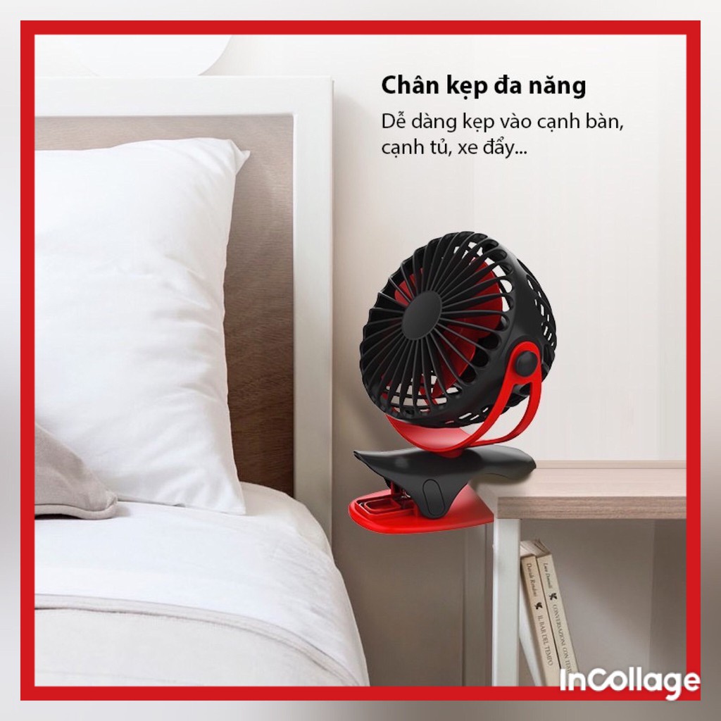 Quạt Sạc Pin Tích Điện XJ-09 Chân Kẹp Bàn Kẹp Xe Đẩy Xoay 720 Độ, 3 Tốc Độ Gió mạnh, Màu Sắc Đa Dạng Sử Dụng An Toàn