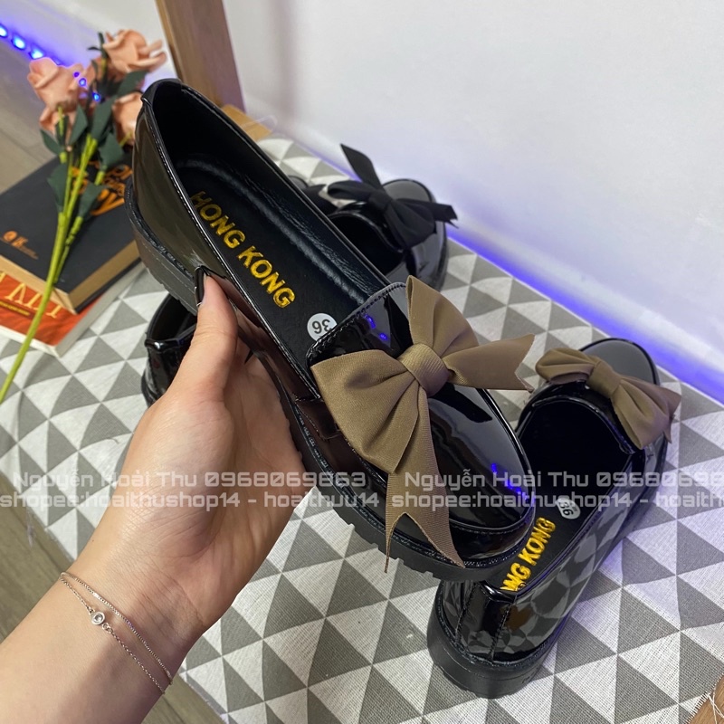 Giày đốc oxford có nơ hai màu không dây siêu xinh