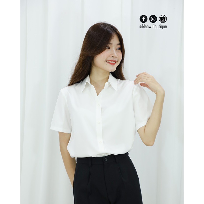 [Hình thật tự chụp] Sơ mi trắng trơn tay ngắn đi học đi làm công sở tay ngắn Meow Boutique