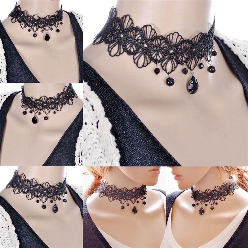 Vòng cổ choker phối ren hoa phong cách retro thời trang