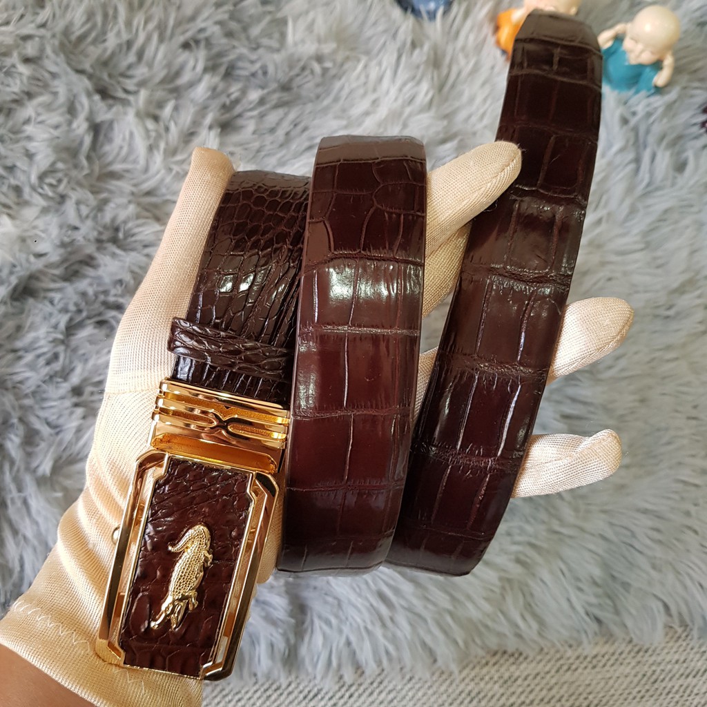 Dây Lưng Cá Sấu, Dây Lưng Cá Sấu Liền Nguyên Con Không Nối, Màu Nâu Cafe I Da Bụng, Bản 3,5 cm I Bảo Hành 24 Tháng