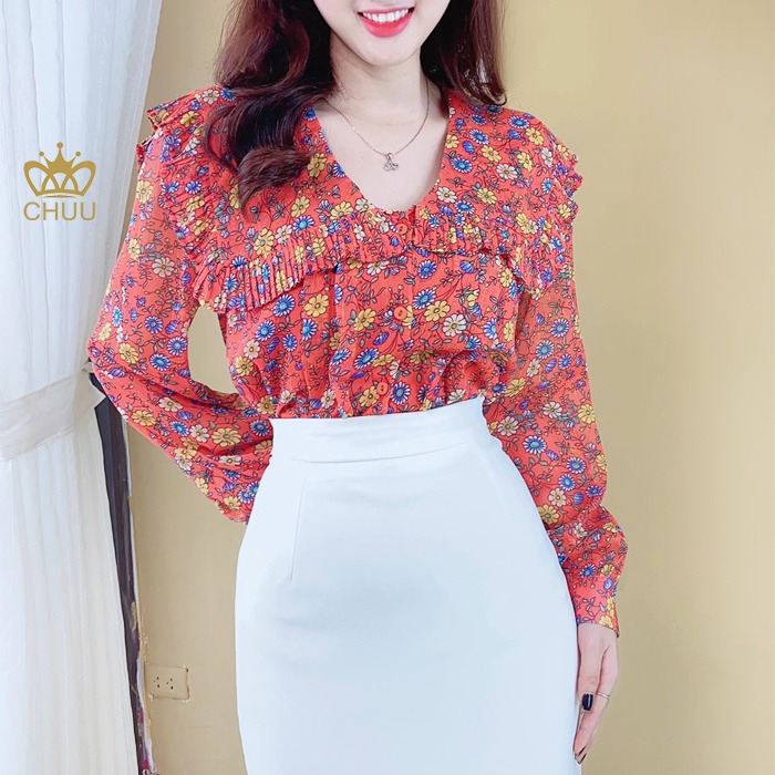 Áo sơ mi vạt vuông họa tiết hoa lá nhiệt đới CHUU A60004