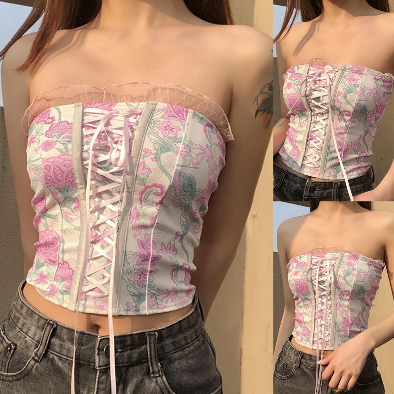 Áo Lửng Hai Dây Viền Ren Họa Tiết Hoa Gợi Cảm Cho Nữ