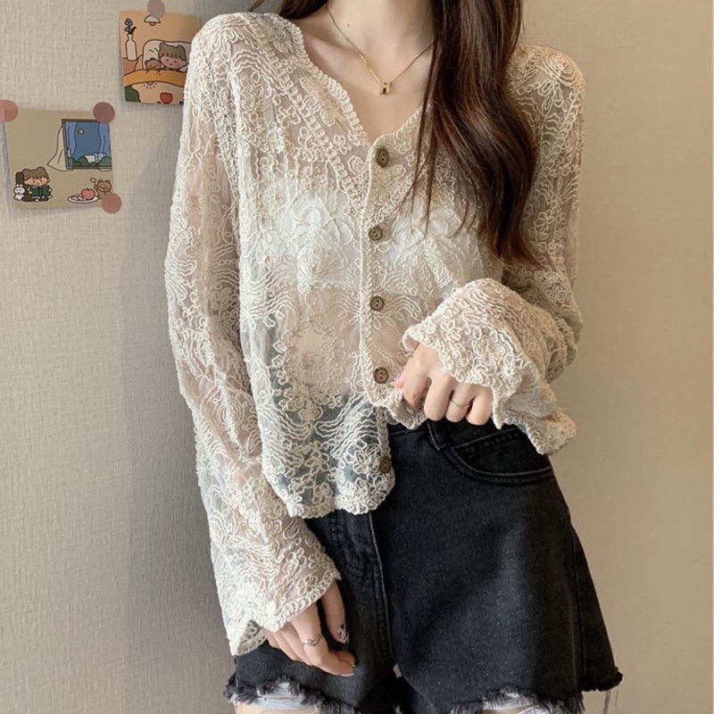 Áo Kiểu Tay Dài Phối Ren Phong Cách Hàn Quốc 189655 Áo Sơ Mi Chống Nắng Cổ Chữ v Dễ Phối Đồ Phong Cách Phương Tây