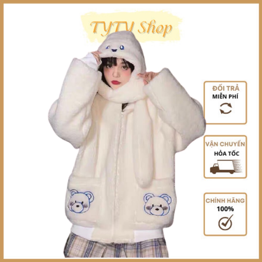 Áo Khoác Lông Nữ Cao Cấp Chùm Đầu Kèm Khăn Thiết Kế Túi Thêu Hình Gấu TYTY Shop SP000624