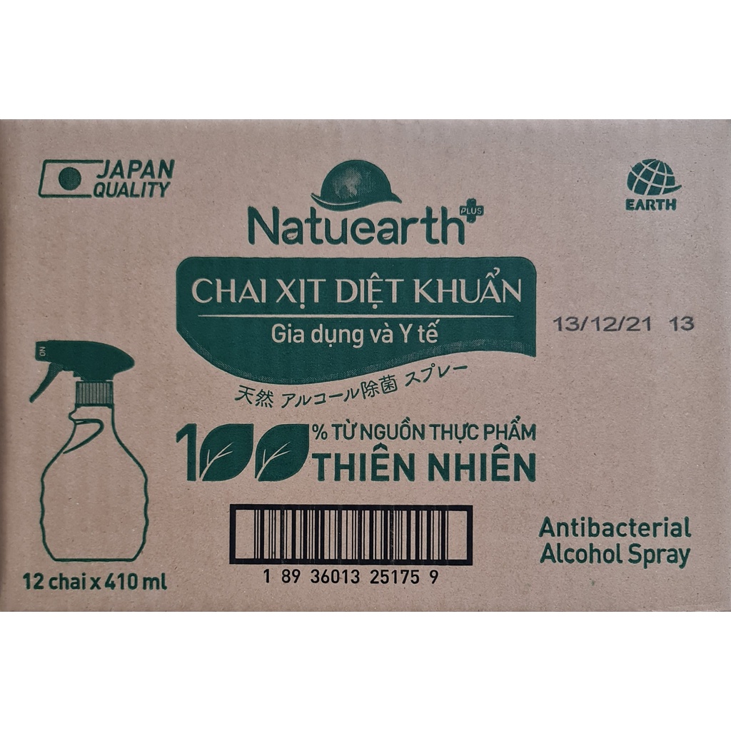1 Thùng ( 12 chai) Cồn xịt khuẩn Natuearth plus 410ml - Ức chế SARS-CoV-2* Được chứng nhận của Viện vệ sinh dịch tễ TW