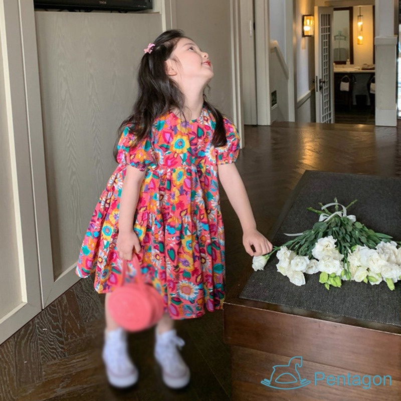 Đầm Công Chúa Dáng Rộng Tay Phồng Cổ Tròn Thoáng Khí Thân Thiện Với Da Thời Trang Cho Bé Gái