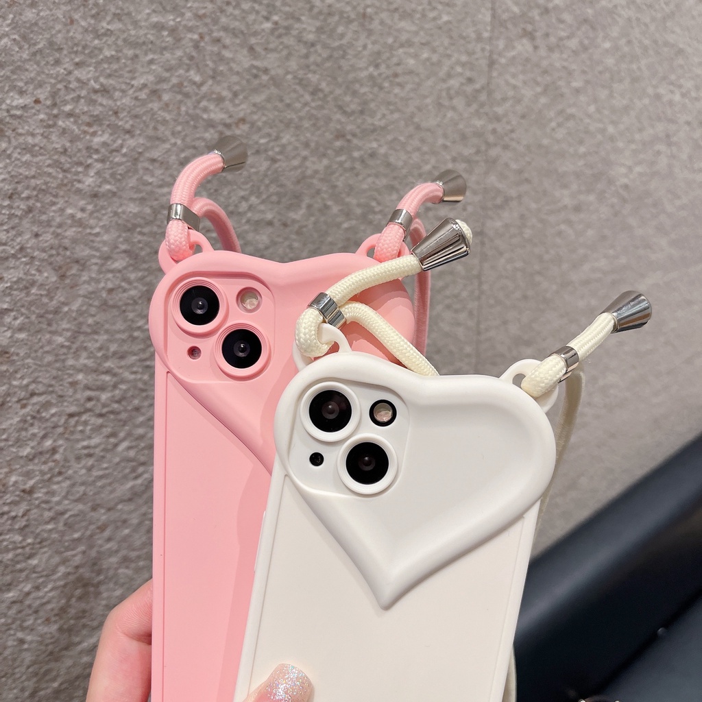 Ốp Điện Thoại Hình Trái Tim 3D Dễ Thương Có Dây Đeo Chéo Cho iPhone 11 12 Pro Max XS Max 7 8 Plus X XR