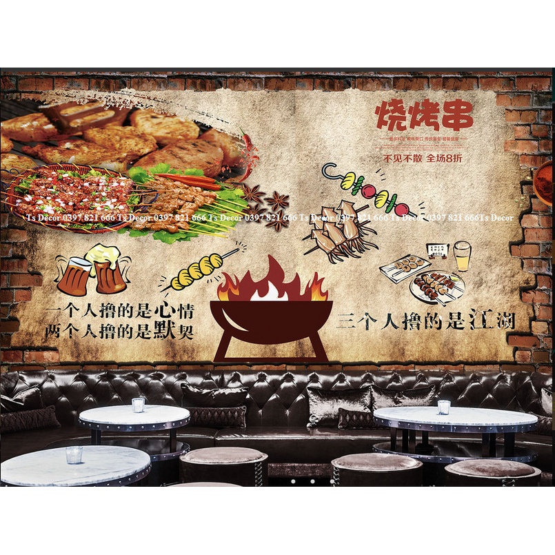 Tranh dán tường vải lụa 3D giành cho Quán Nướng Lẩu miễn Phí chèn tên riêng Quán, chèn chữ và logo theo yêu cầu.
