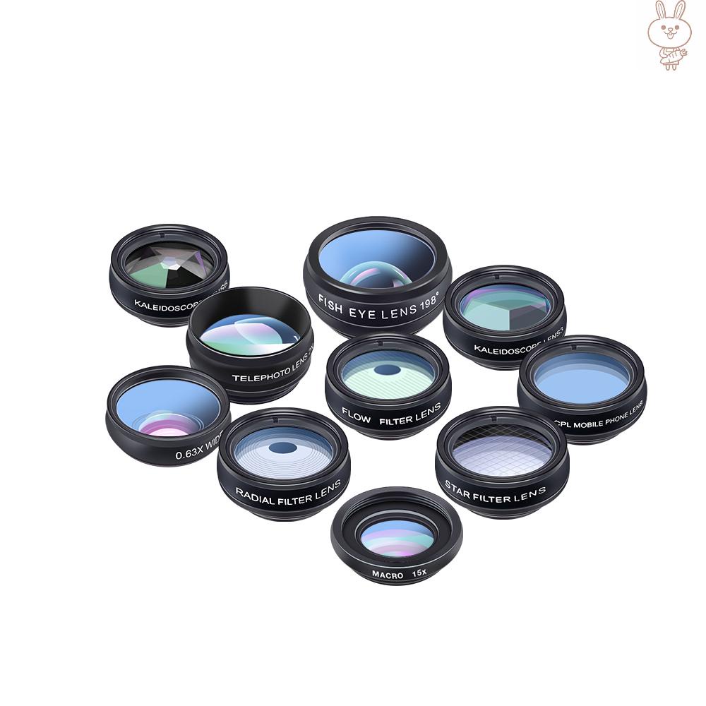 ol APEXEL 10 in 1 Phone Camera Lens Kit with 0.63X Wide Angle + 15X Macro + 198°Fisheye + 2X Telephoto + CPL + Star Filter + Radial Filter + Flow Filter + Kaleidoscope 3 + Kaleidoscope 6 Compatible with Android