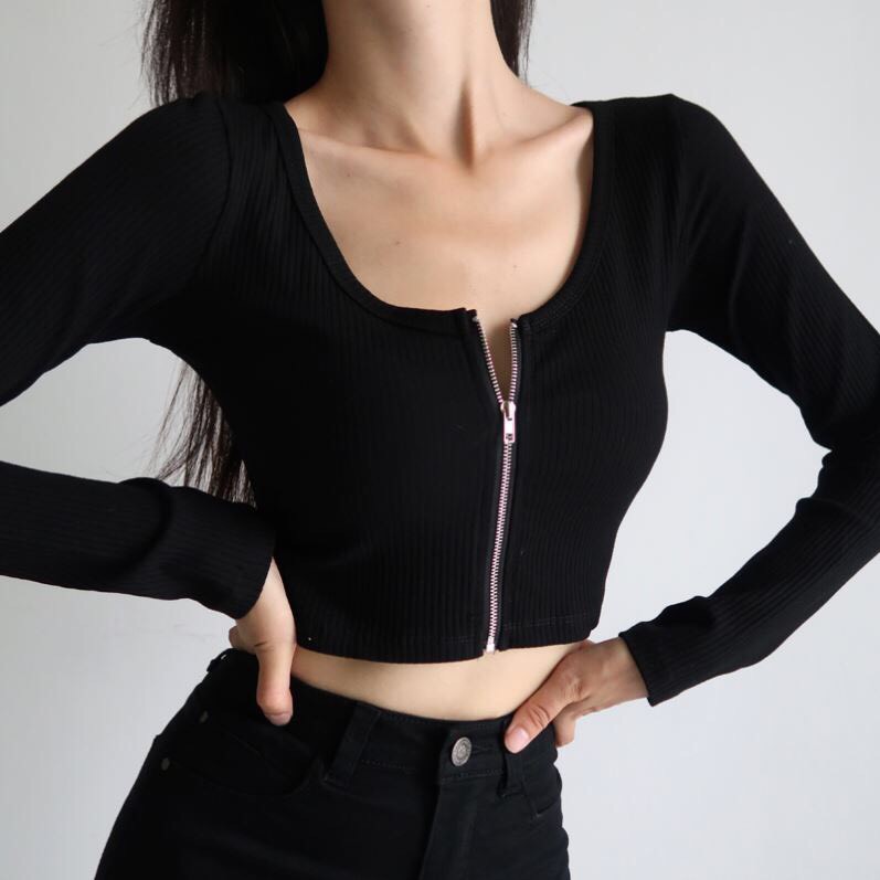Áo Croptop Tay Dài Trơn Thiết Kế Khóa Kéo Độc Đáo Dành Cho Nữ