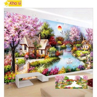 Tranh đính đá khổ lớn Phong cảnh tổ ấm hạnh phúc Y8007 (120x65cm) [KHO SỈ] Tranh chất lượng cao