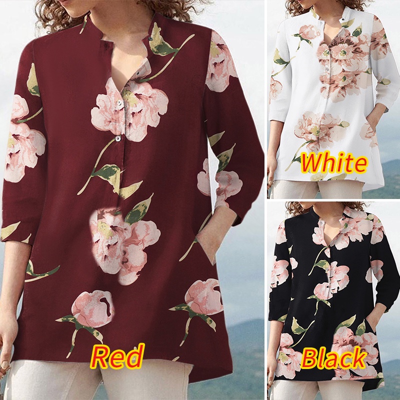 Áo sơ mi ZANZEA tay dài 3/4 dáng rộng cài khuy in hoa phong cách retro thời trang cho nữ
