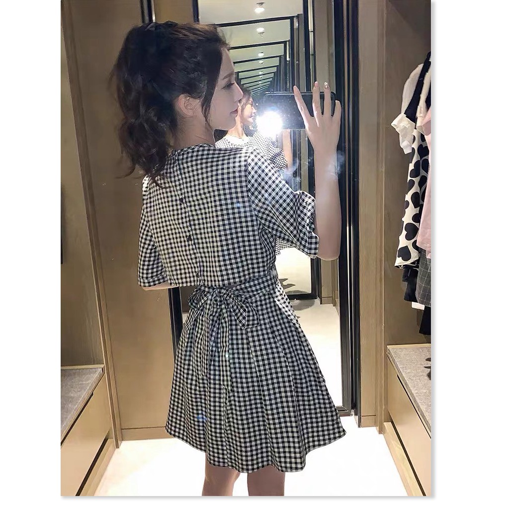 ĐẦM NỮ CARO PHỐI NƠ VIỀN NÚT LƯNG SÀNH ĐIỆU SANG CHẢNH