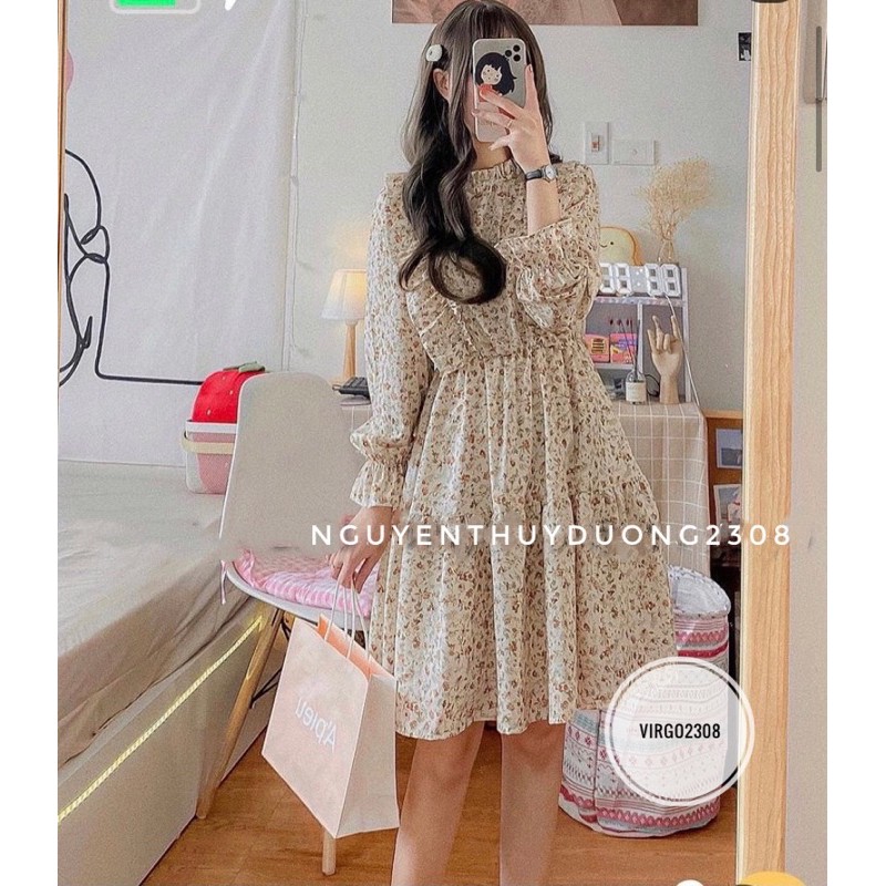 Váy hoa Loli nhún bèo Vintage/Đầm hoa Chiffon nhún bèo xinh xắn(Ker.) | BigBuy360 - bigbuy360.vn