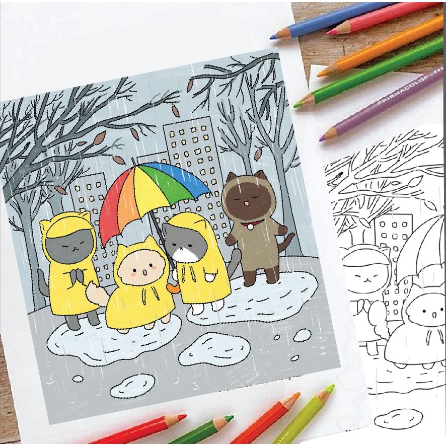 Bộ tranh tô màu nước " Nhũng chú mèo tinh nghich" combo 12 tranh giấy dầy đẹp