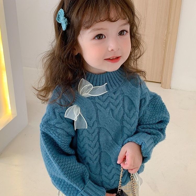 Áo sweater cổ cao phối nơ thiết kế thời trang thu đông cho bé gái tùy chọn màu sắc