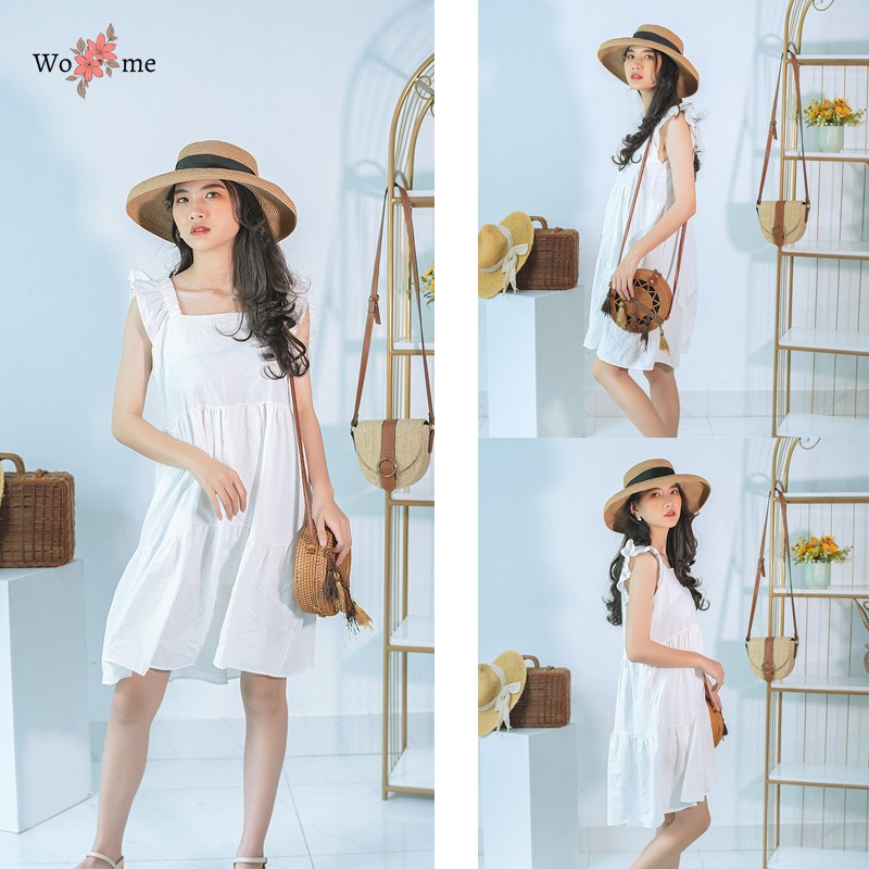 Váy đầm babydoll dáng dài xoè qua gối dự tiệc màu trắng đen be phong cách ulzzang WOME - VBDL2 | BigBuy360 - bigbuy360.vn