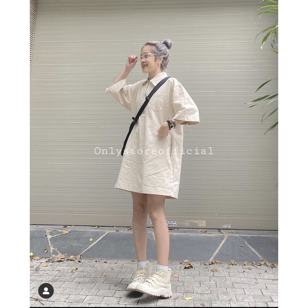 Đầm phối cổ sơ mi khóa kéo nữ - Áo váy form rộng oversize, thun phông tay lỡ kiểu dáng basic Ulzzang HOT