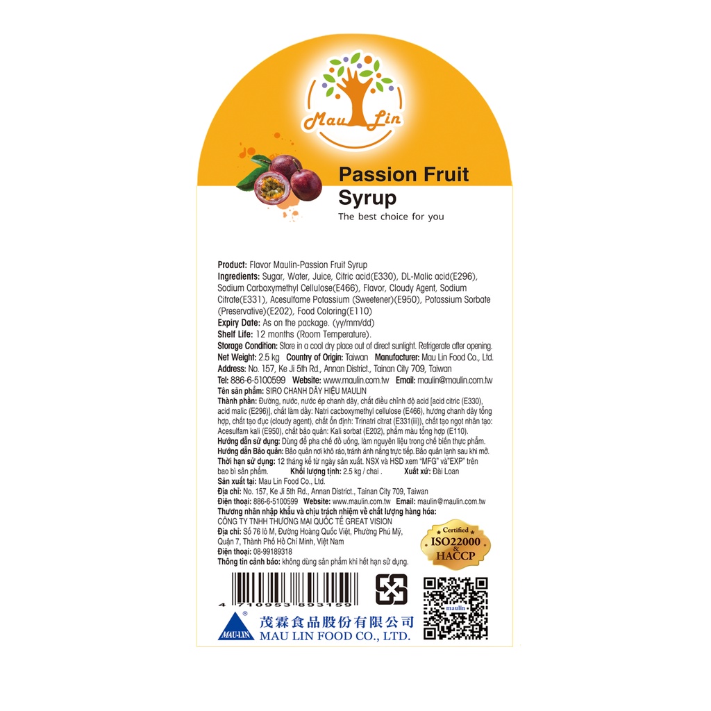 Siro Maulin Chanh Dây - Maulin Passion Syrup 2.5kg