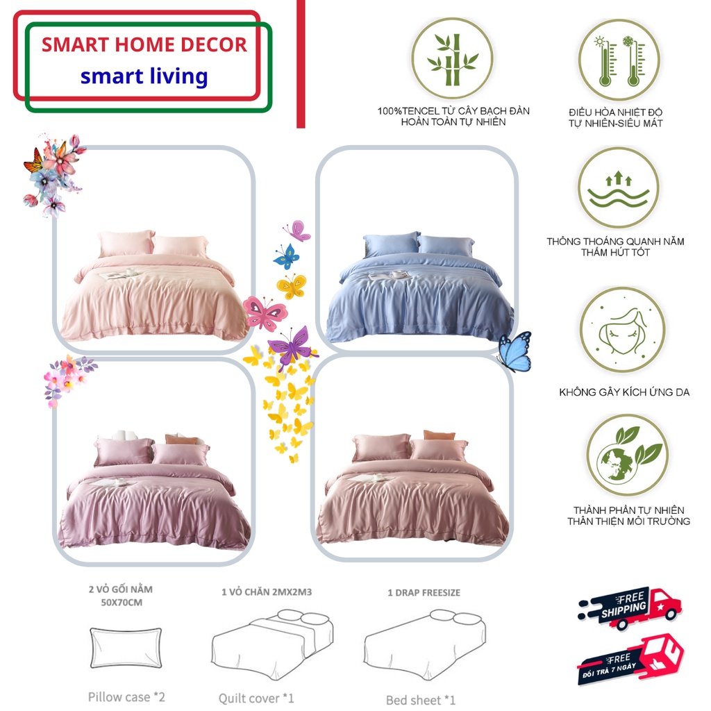 Bộ chăn ga gối 100%Tencel 100s phối màu sang trọng độc đáo, chăn chần hè, chất liệu siêu mềm mát mịn