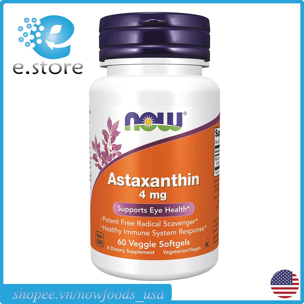 Viên uống Bổ mắt Astaxanthin Now, sáng mắt, đẹp da, 60 viên