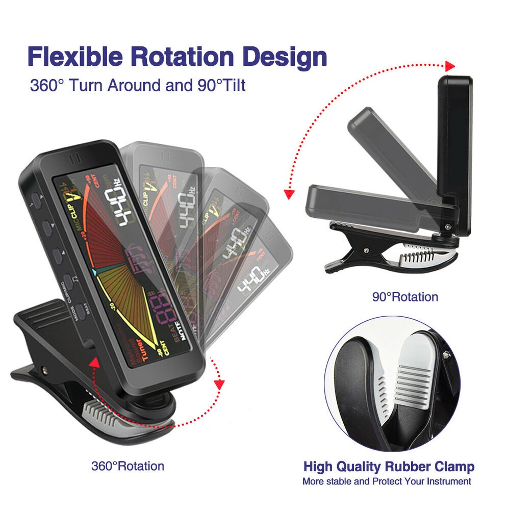 Máy Đo Metronome Điện Tử 3 Trong 1 360 Độ° Dụng Cụ Kẹp Lên Dây Đàn Guitar Bass Ukulele Trống Violin Tông Màu