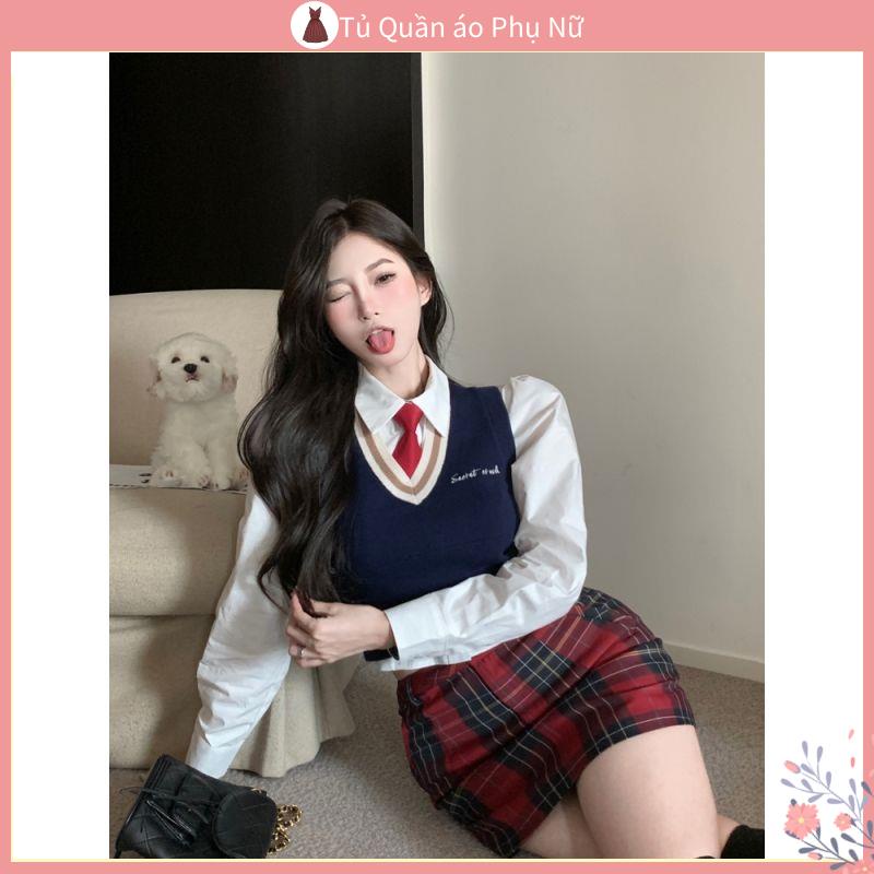 / O Gile n > Áo Sweater Dệt Kim Không Tay Cổ Chữ v Dáng Ngắn Phong Cách Preppy Thời Trang Mùa Thu 2022 Mới